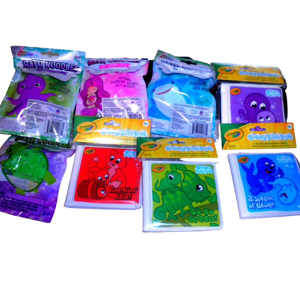 4  Crayola Bath Books (3+) & 4 Packages Grafix Bath Noodles (6+), All Different